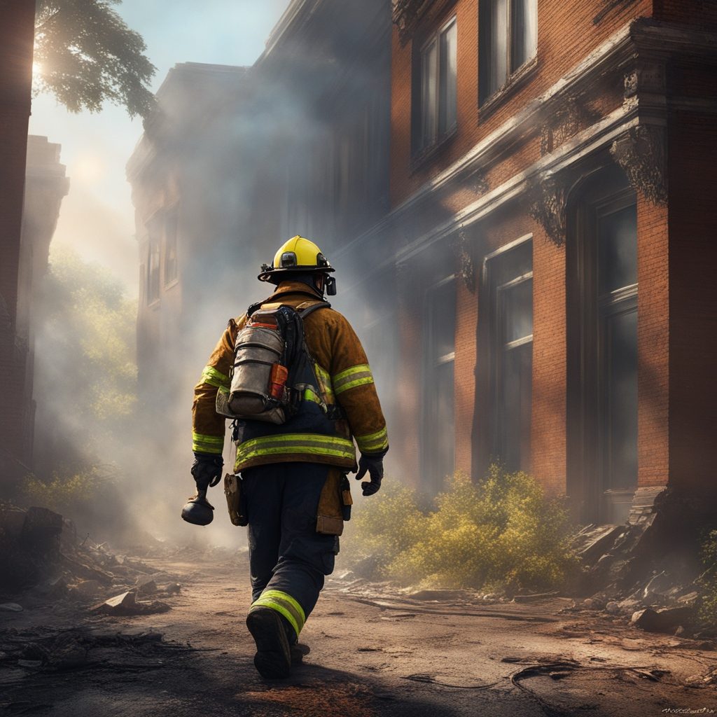 Firefighter walking through smoke into light